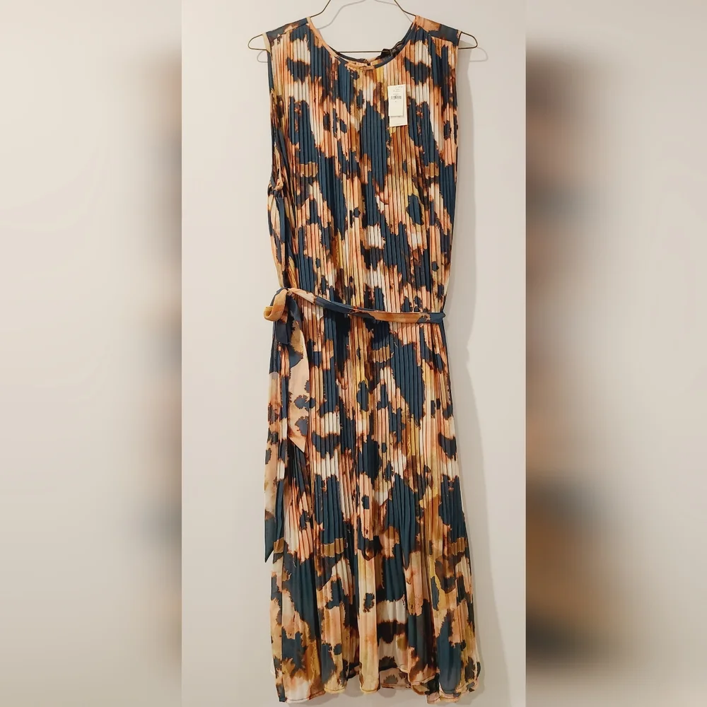 SOLD🌟NWT Banana Republic Factory Midi Pleated Tie Waist Dress XL Teal Luster - Picture 1 of 4